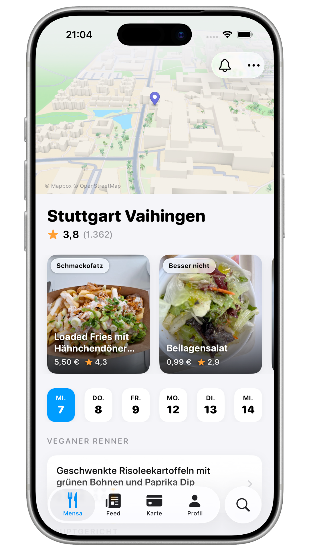 Mensieren App – Speiseplan und Gericht-Bewertungen auf einem Smartphone